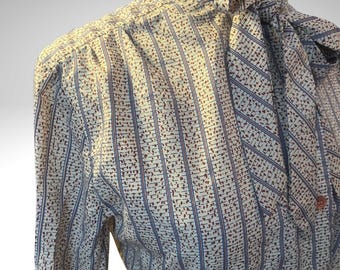 Vintage 1970s Cream & Blue Stripe Pussybow Blouse