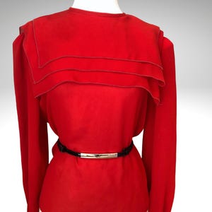 Vintage 1980s Red Sheer Blouse with Unique Front Flounce