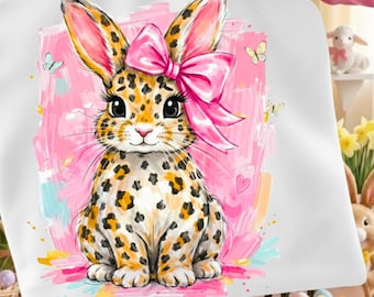 Kokette Leopard Bunny PNG, Preppy Pink Bow Rabbit Design, Trendy Gepard Ostern Shirt Grafik, Cute Spring Sublimation Download