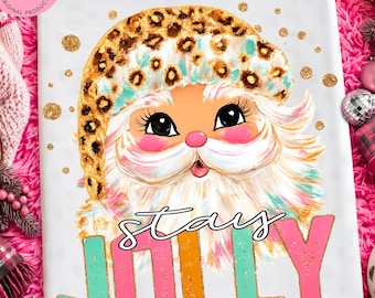 PNG de Papá Noel rosa navideño, lindo arte de pared imprimible de Papá Noel, leopardo de Papá Noel PNG, decoración navideña para guardería, descarga digital navideña, archivo PNG de Navidad
