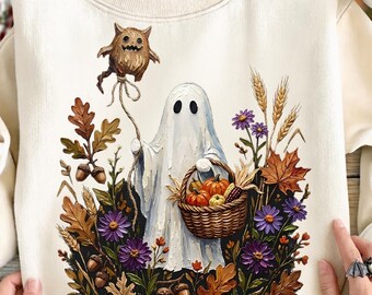Halloween Ghost  PNG, Vintage Ghost PNG, Fall Ghost PNG, Wildflower Ghost, Autumn Halloween png, Pumpkin Basket png, Boho Halloween png
