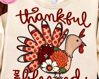 PNG de pavo floral de Acción de Gracias, PNG de camiseta de cuello redondo de pavo, Sublimación de agradecimiento y bendiciones, Linda camiseta de otoño de Acción de Gracias, Imágenes prediseñadas de pavo