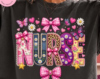 Diseño PNG de sublimación para enfermera, gráfico de camiseta de enfermera con lazo rosa, estampado floral de leopardo para enfermería, regalo de agradecimiento para enfermeras, lindo diseño de camiseta de regalo para enfermeras
