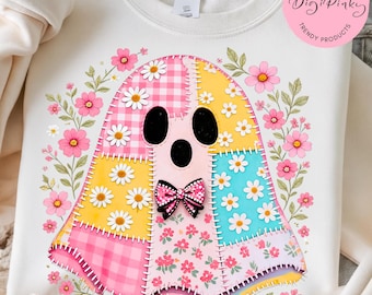 Patchwork Floral Ghost PNG, Scrapbook Halloween Ghost Design, Checkered Boho Fall Shirt, Cute Autumn Sublimation