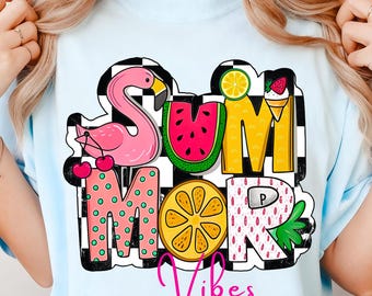 Summer Vibes Shirt PNG, Flamingo Watermelon Design, Tropical Beach Aesthetic PNG, Retro Checkerboard Summer Graphic, Bright Vacation Subl