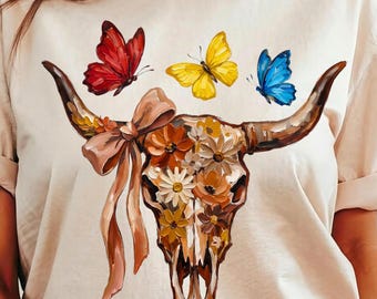 Boho Kuhschädel PNG, Pinselstrich Stierschädel, Blumen-Western-Schädel-Design, Boho Western PNG, rustikale Blumenschädel-Clipart, trendige Weste-Grafik