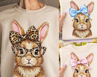 Fröhlicher Osterhase PNG, Retro Leopard Hase PNG, Kokette Osterschleife Hase, trendiges Osterhemd Design, Ostersonntag Sublimation