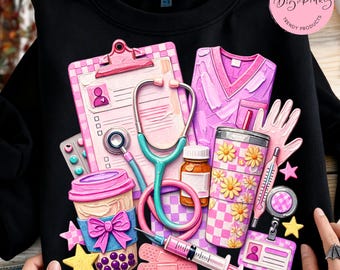 Nurse PNG, Pink Nurse Clipart,Leopard Print Nurse,Cute Medical PNG, Healthcare Worker Shirt, Nursing School , Coquette Nurse Png