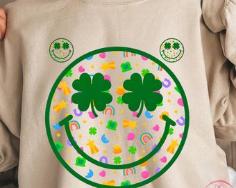 Kleeblatt PNG, Glücksbringer Smiley Gesicht PNG, St Patricks Tag PNG, Patchwork Kleeblatt PNG, Retro Smiley Klee Design, Glücksklee PNG