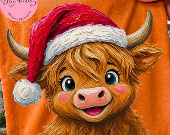 Lindo diseño navideño de vaca de las Tierras Altas en formato PNG, imágenes prediseñadas de vaca con gorro de Papá Noel, diseño de sublimación navideña, descarga digital de linda vaca de granja, camiseta navideña.