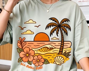 Sommer Strand Sonnenuntergang Shirt, Retro Surf T-Shirt, Küstenästhetik T-Shirt, Tropisches Urlaub Shirt, Ocean Waves Grafik T-Shirt, Sommer Vibes Shirt