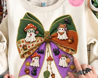 Cute Halloween Ghost PNG, Whimsical Bow Fall Design, Autumn Ghost Shirt, Crochet Ghosts, Spooky Cute Halloween Clipart, Kids Halloween