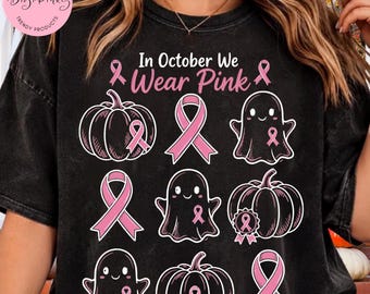 In October We Wear Pink PNG, Sensibilizzazione sul cancro al seno, Nastro rosa di Halloween, Sublimazione autunnale