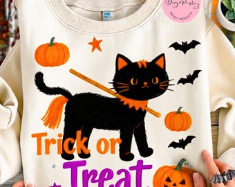 Trick Or Treat Cat PNG, Black Cat Halloween PNG, Cute Halloween Cat PNG, Spooky Kitty Shirt , Retro Halloween Cat, Trick Or Treat Halloween