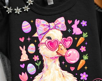 Niedliche Gans Ostern PNG, Kokette Ente PNG mit Schleife, lustige Entensonnenbrille Kaugummi, Osterhase Eier Clipart, Kawaii Gans Sublimation