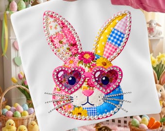 Florales Häschen-Patchwork png, Trendiges Ostern png, Cottagecore Gingham Patchwork PNG, Florales Retro Ostern PNG, Ostern Frühling Patchwork PNG