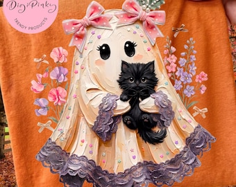 Preppy Ghost Coquette Png | Cute Black Cat Png | Halloween Ghost Png  | Spooky Cute PNG | Black Cat Lovers  |  Fall Png Designs Girly
