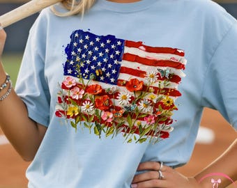 Amerikanische Flagge Blumen PNG, Vaterländische Blumen Flagge PNG, USA Unabhängigkeitstag Shirt Design, 4. Juli Blumen PNG, Vintage Amerikanische Flagge