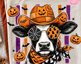 Halloween Cow PNG ,Highland Cow Halloween PNG ,Cowgirl Halloween ,Pumpkin Cow shirt ,Spooky  PNG,Western Halloween png ,Pumpkin Patch png
