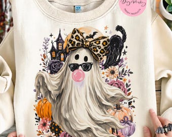 Spooky Ghost Girl PNG, Cute Halloween Ghost PNG, Coquette Ghost Bow png, Pink Halloween png, Leopard Bow Ghost, Girly Halloween  ,viral png