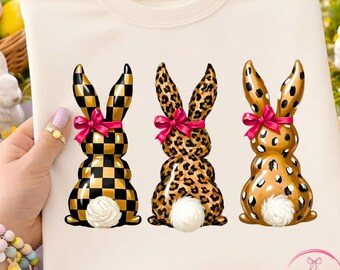 Trendy Ostern, Retro Leopard Osterhase PNG Bundle, Kokette Hase PNG, Rosa Schleife Osterhase PNG, süße Hase Grafik, Frühling Ostern Design