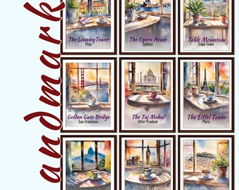 Travel Landmarks Bucket List Wall Art | 9 Printable Posters | A2 A3 A4 | Watercolour Travel Decor | Wanderlust Gift | Instant Download Print