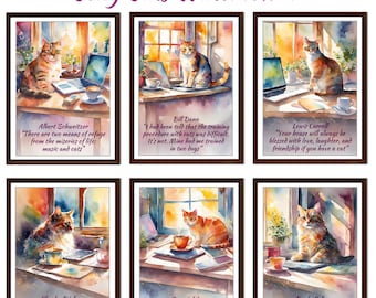 Cozy Cats Wall Art | 6 Poster Bundle | Printable A2 A3 A4 | Cute Cat Watercolour Art | Cat Quote Gift | Cat Lover Decor | Instant Download