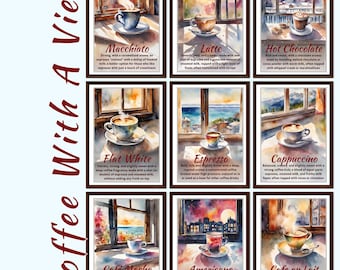 Coffee With A View Watercolour Wall Art | 9 Printable Posters | A2 A3 A4 | Coffee Shop & Café Decor | Barista Gift | Instant Download Print