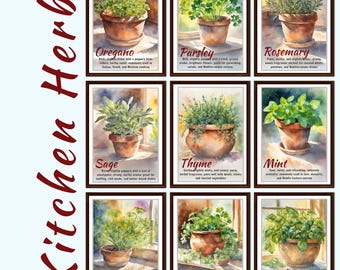 Kitchen Herbs Wall Art | 9 Poster Bundle | Printable Multiple Sizes | Watercolor Botanical Gift | Green Foodie Cook Decor | Instant Download