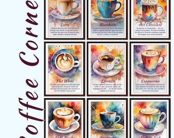 Coffee Corner Watercolour Wall Art | 9 Printable Posters | Multi Sizes | Coffee Shop & Cafe Decor | Barista Gift | Instant Download Print