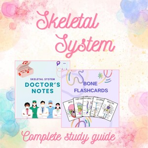 May include: A complete study guide for the skeletal system, featuring a set of doctor's notes and bone flashcards. The doctor's notes are illustrated with a group of doctors wearing face masks. The flashcards feature colorful illustrations of the skull, foot bones, vertebral column, leg bones, and skeleton.