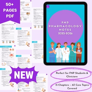 Op de afbeelding: Een digitale tablet toont "FNP Pharmacology Notes 2025-2026" met illustraties van medische professionals. De afbeelding bevat de tekst "50+ PAGES PDF", "NIEUW" en "15 Hoofdstukken - Alle Kernthema's Behandeld".