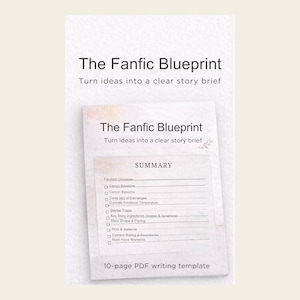 Op de afbeelding: Een digitale PDF-schrijfsjabloon getiteld "The Fanfic Blueprint" met de slogan "Verander ideeën in een duidelijke samenvatting van het verhaal". De sjabloon bevat een samenvattingsgedeelte met selectievakjes en een lijst met schrijfaanwijzingen. De sjabloon is 10 pagina's lang.