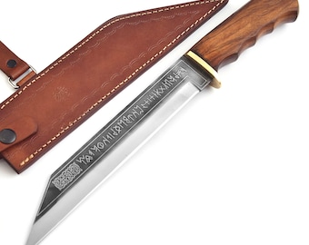 Viking Seax Knife – Handmade High Carbon Steel with Norse Runes – Rosewood Handle Hunting Knife with Leather Sheath – Medieval Gift