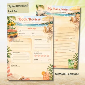 Peut inclure: Deux pages numériques imprimables, formats A4 et A5, sur le thème de la plage estivale. L'une est un modèle de critique de livre, l'autre pour les notes de lecture. Les pages présentent des illustrations de scène de plage, de livres et de boissons. Le texte comprend "Book Review" et "My Book Notes".