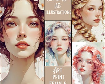 Pósters A5: Retratos femeninos bohemios con flores | Ilustraciones A5 para descargar e imprimir | Poetic Muse Art | Estilo suave y veraniego