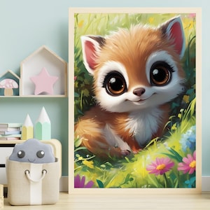 1 póster digital A4 para decoración de dormitorio infantil de una simpática criatura | Gato, zorro fantástico en la naturaleza verde y florida.