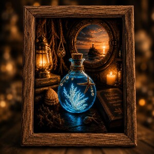 Peut inclure: Nature morte sur le thème nautique encadrée. Une bouteille de potion bleue lumineuse avec une étoile de mer et un bouchon en liège est au centre. Un hublot révèle un coucher de soleil sur la mer. Autres éléments : lanterne, livres, coquillage et bougie.
