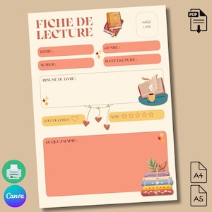 Puede incluir: Una plantilla imprimible de registro de lectura con un fondo crema y secciones de color melocot&oacute;n. El dise&ntilde;o incluye ilustraciones de libros, corazones y estrellas. El texto incluye "FICHE DE LECTURE", "TITRE", "AUTEUR", "GENRE", "DATE LECTURE", "R&Eacute;SUM&Eacute; DU LIVRE", "COUP DE COEUR" y "CE QUE J'AIME".