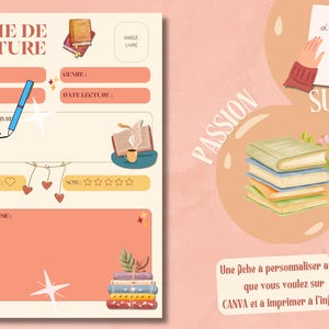 Puede incluir: Una plantilla digital de registro de lectura con un fondo melocot&oacute;n, con secciones para t&iacute;tulo, autor y g&eacute;nero. Las ilustraciones incluyen pilas de libros, un bol&iacute;grafo y las palabras "Pasi&oacute;n" y "Seguir".