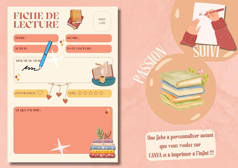 Puede incluir: Una plantilla digital de registro de lectura con un fondo melocot&oacute;n, con secciones para t&iacute;tulo, autor y g&eacute;nero. Las ilustraciones incluyen pilas de libros, un bol&iacute;grafo y las palabras "Pasi&oacute;n" y "Seguir".