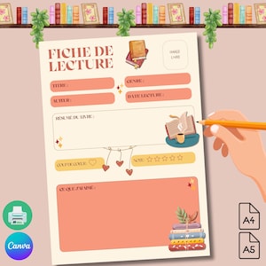 May include: A printable book log template with a peach background. The template includes sections for the book title, author, genre, date read, a summary of the book, a rating system, and space to write down what you liked about the book. The template also features a cute illustration of a stack of books and a cup of coffee.