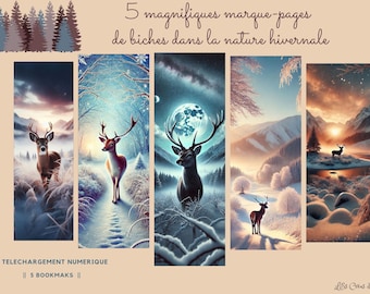 5 marcadores de ciervas, ciervos, invierno, naturaleza | imprimible | Marcadores de libros gama, ciervo, invierno.