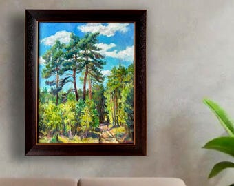 松の木の海景油絵（紙に描いたもの）（10x10インチ） - Etsy 日本