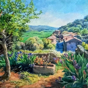 Landscape of Spanish village in spring panoramic view luxury oil painting on canvas handmade medium size beautiful gift wall decor for home