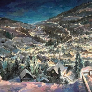 Village alpin enneigé au crépuscule — Lumière du soir, peinture à l'huile faite main, 31,49 x 23 622 pouces
