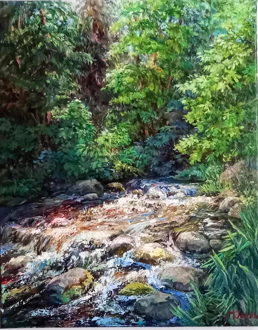 油絵・風景画「森の小川」 油絵・風景画「森の小川」 森の小川の油絵 – 自然風景画、森の