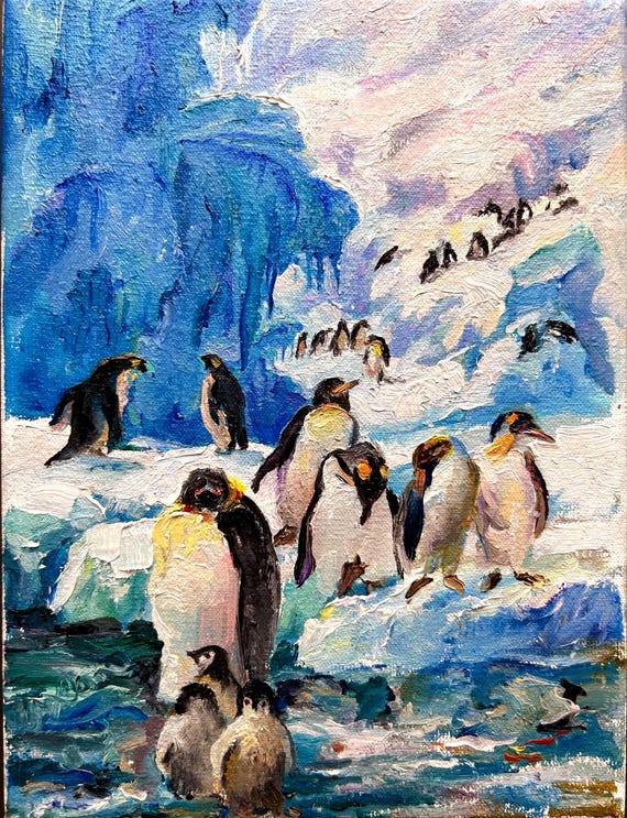 ペンギンの油絵：南極の冬の風景、インパストアート - Etsy 日本