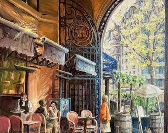 Paris Cafe Ölgemälde: Frühlingstag Straßenszene mit Katzen, Original handgefertigte Kunst