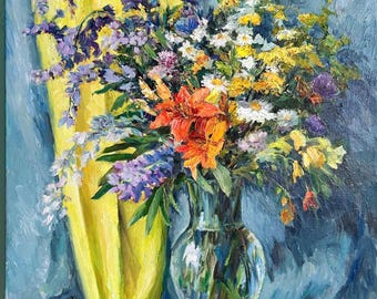 Lilies and Wildflowers Oil Painting on Canvas: Summer Still Life